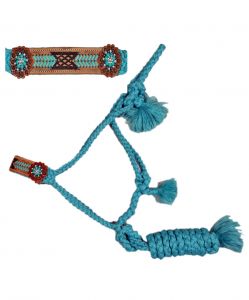 Showman Woven turquoise nylon mule tape halter with tooled leather noseband, accented with teal rawhide lacing and concho